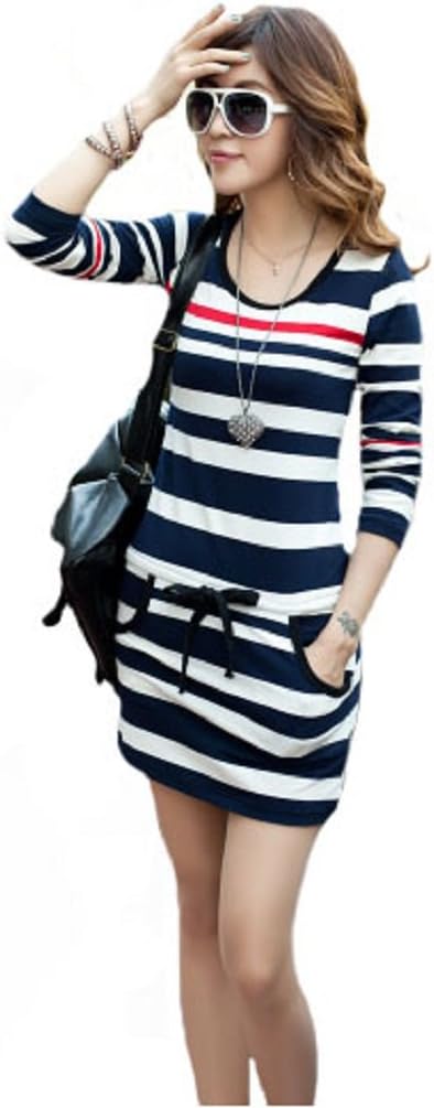 v28 Women Black White Blue Striped Drawstring Mini Tee Dress