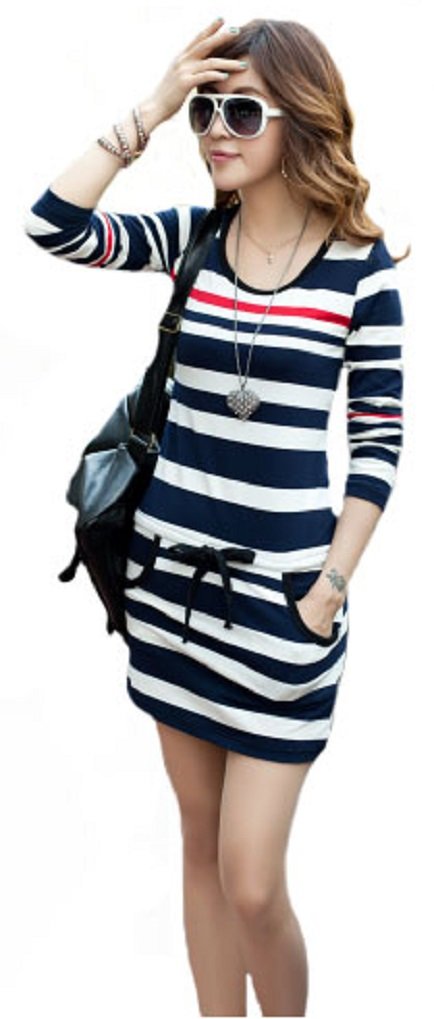 v28 Women Black White Blue Striped Drawstring Mini Tee Dress