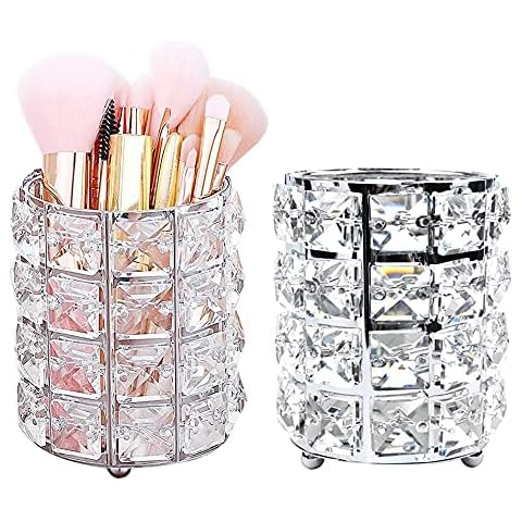 Part of 2 Crystal Makeup Brush Holder Vanity Brush Display Organizer Cosmetic and Jewelry Storage Luxury Pen Container Rose Gold Sliver Pencil Holder(Sliver-2) Cover