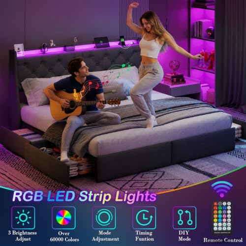 Image of Upholstered King Size Bed Frame with 4 Storage Drawers and LED Lights