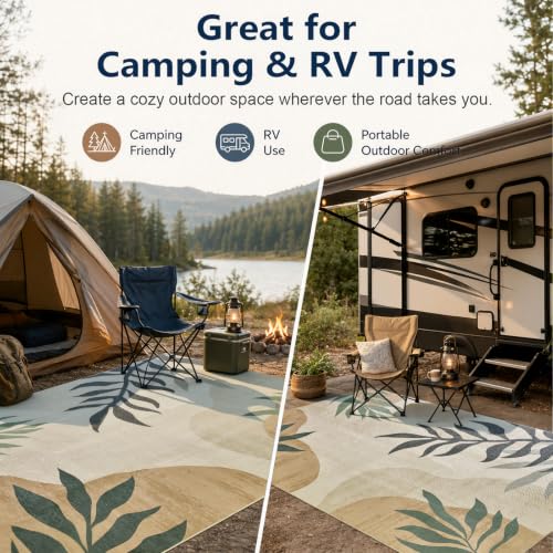 UKISS Washable Outdoor Rug Carpet，Non Slip Portable Outdoor Patio Rugs，5' x 8' Indoor Out Door Mats，Large Leaf Outdoor Area Rugs Mats for Patio，Picnic,RV,Backyard, Deck, Balcony, Porch, Beach — view 5