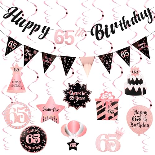 Image of 65th Birthday Decorations for Women Rose Gold Pink Pre Strung Happy 65th Birthday Banner and Hanging Swirls 65 Year Old Party Decorations Supplies