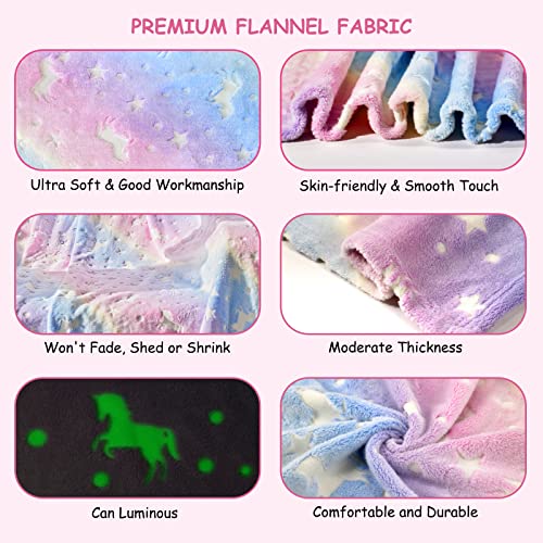 Glow In The Dark Blanket Unicorns Gifts For Girls, Kids Throw Blanket With Rainbow Strechy Beaded Bracelet, For 1-10 Year Old Girl Birthday Christmas Halloween Thanksgiving Easter Gifts 60 X 50 In (B) #TOP3