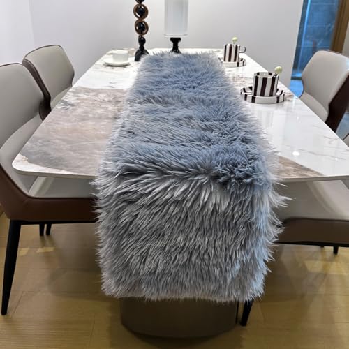 Gray Faux Fur Table Runner Fluffy Winter Holiday Decor 12x48 Inch