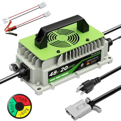 48 Volt 20 AMP Golf Cart Battery Charger 1000W 48V Lithium Battery Charger LiFePO4 Charger for Club Cars RVs Boats Cars Forklift Truck IP65 Waterproof with Cooling Fan 2 Connectors
