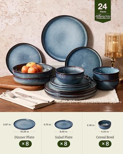 Image of Famiware Milkyway Stoneware Dinnerware Set, 24-Piece, Double Reactive Glaze, Plates and Bowls, Service for 8, Microwave and Dishwasher Safe, Scratch-Resistant, Dusty Blue