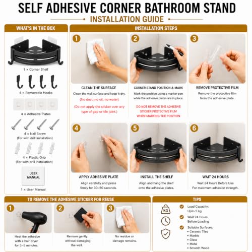 Image of Hallstatt Pack of 2, Self Adhesive Aluminum Corner Bathroom Shelf for Wall Shelf Organizer Bathrooms Shelves Rack Holder Stand for Bathroom Accessories Organiser Without Drill and with Drill Option