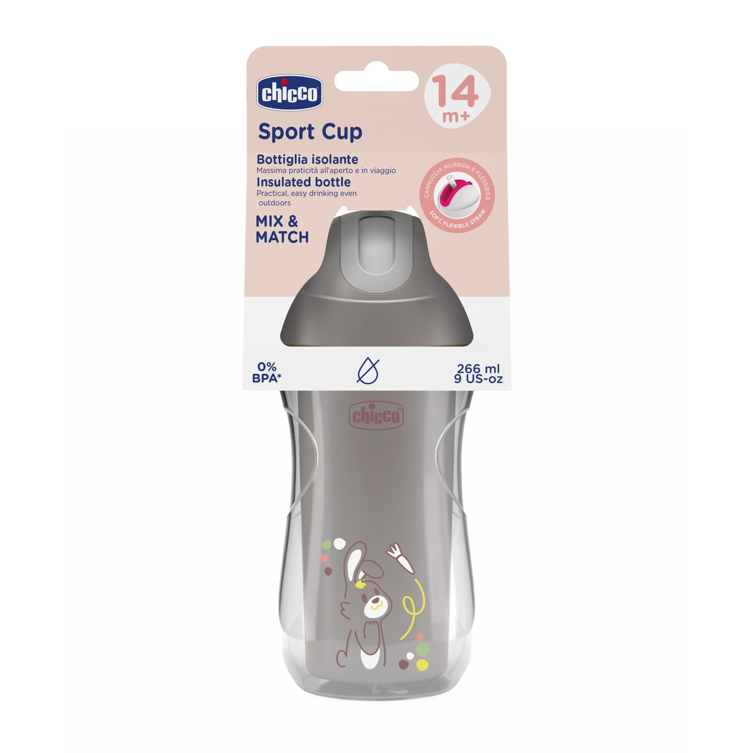 Silikonowy kubek Chicco Sport Cup dla dzieci 14 + miesięcy, 266 ml, Naucz się pić kubek z termosem, z elastyczną słomką odporną na ugryzienie, bez BPA, szary