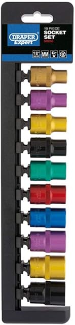 Draper 50493 1/2-Inch Square Drive Metric Coloured Socket 10 Piece Rail Set