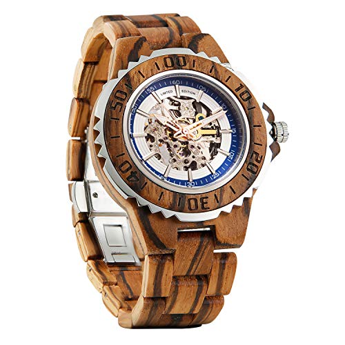 Wilds Premium Mens Wooden Watch - Automatic Movement - Self Winding Mechanical Wood Watches Watch for Men - No Battery Replacement for Life - Fit to Any Wrist Size- Men Gift Idea for Any Occasion