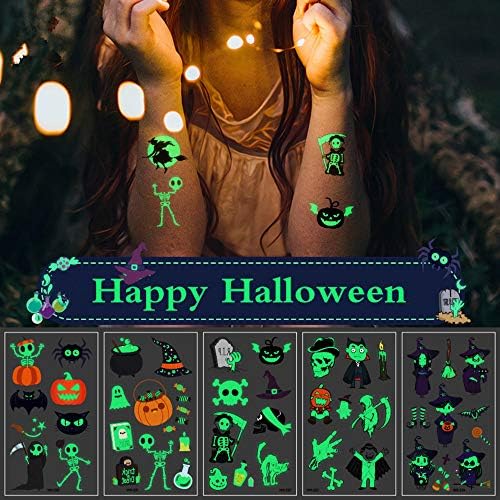 Halloween Luminous Tattoo Stickers, 10 Pcs Ghost Taty Fake Tattoo Witch Glowing in Dark Waterproof Temporary Tattoo for Kids