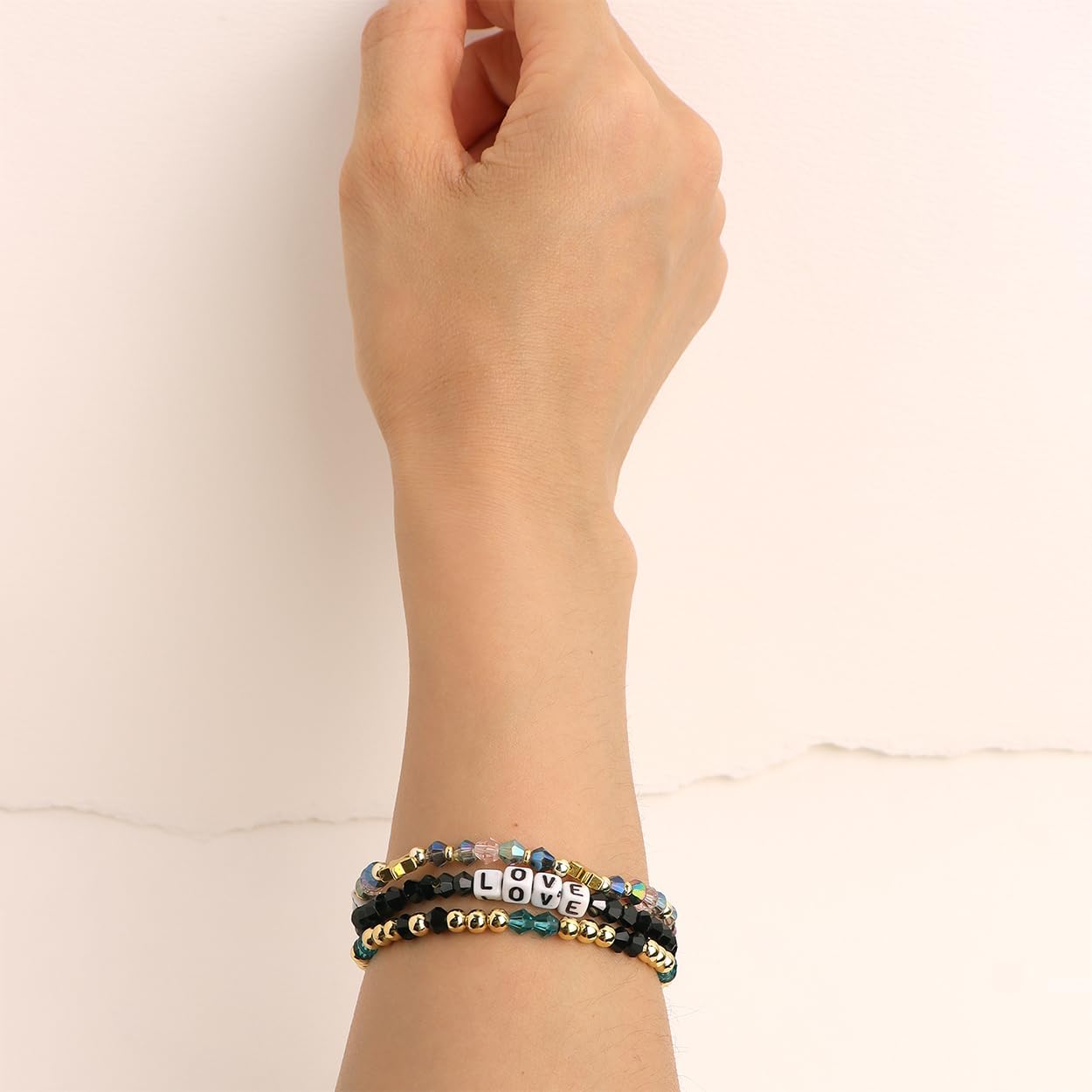 Inspired Black Beaded Stretch Bracelets for Women Cute Love Letter Crystal Beads Bracelet - Image 3