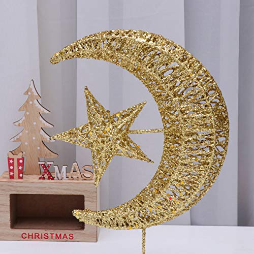 PIXNOR Christmas Star Tree Topper Glittering Tree Top Moon Glitter Tree Topper for Xmas Tree Decorations Holiday Seasonal Home Decor Golden 20cm