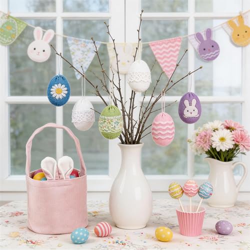 3 Stück Osterkorb, Osternester zum Befüllen, Osterhasen Taschen, Ostertüten Hase Mit Ohren Für Osterdeko Ostern Basteln, Durchmesser 13 cm Höhe 14,5 cm Flauschiges Material