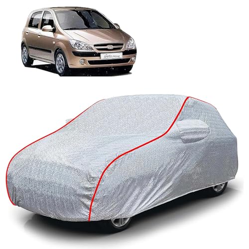 Image of Sulfar 100% Waterproof Car Body Cover Compatible with Mirror for Hyundai Getz (Triple Stitched, Full Bottom Elastic, Magic Silver with Red Piping)