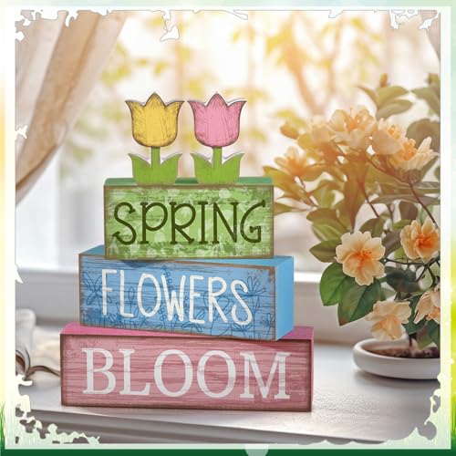Image of Moucuny 4 Pcs Spring Table Decor Wooden Tulip Spring Tiered Tray Decor Flowers Table Centerpiece Decorative Colorful Tulip Block Signs Gift Farmhouse Flowers Decoration for Home Kitchen Shelf