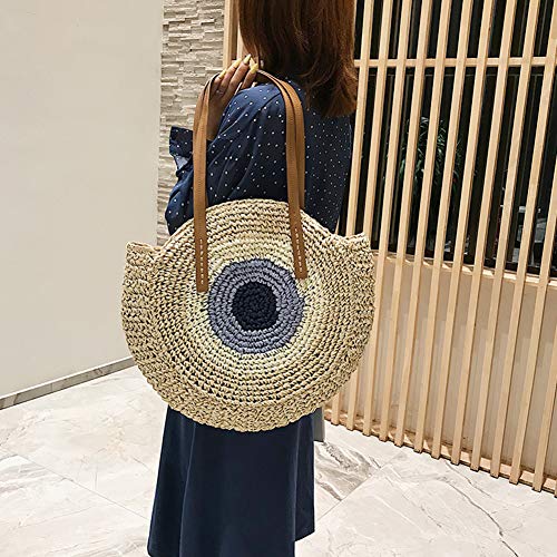 Bolso de paja redondo para verano, bolso tote grande de tejido grueso para playa, viaje y uso diario para mujeres (beige) miniatura 6
