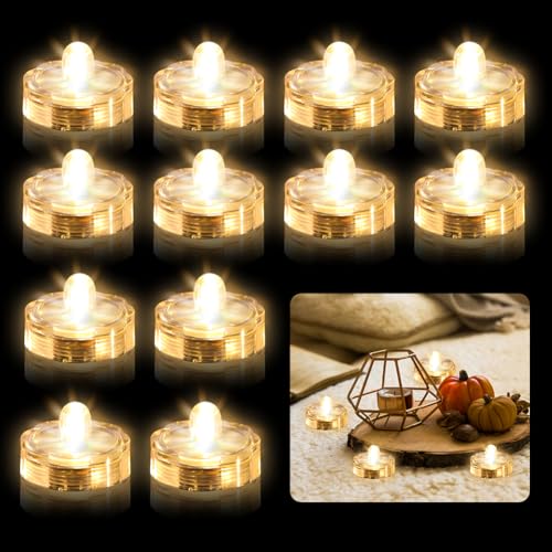 Editbar 12pcs resistente al agua batería alimentado muchos colores flor mini LED velas luces para jarrones decoración de boda (luz blanca cálida)