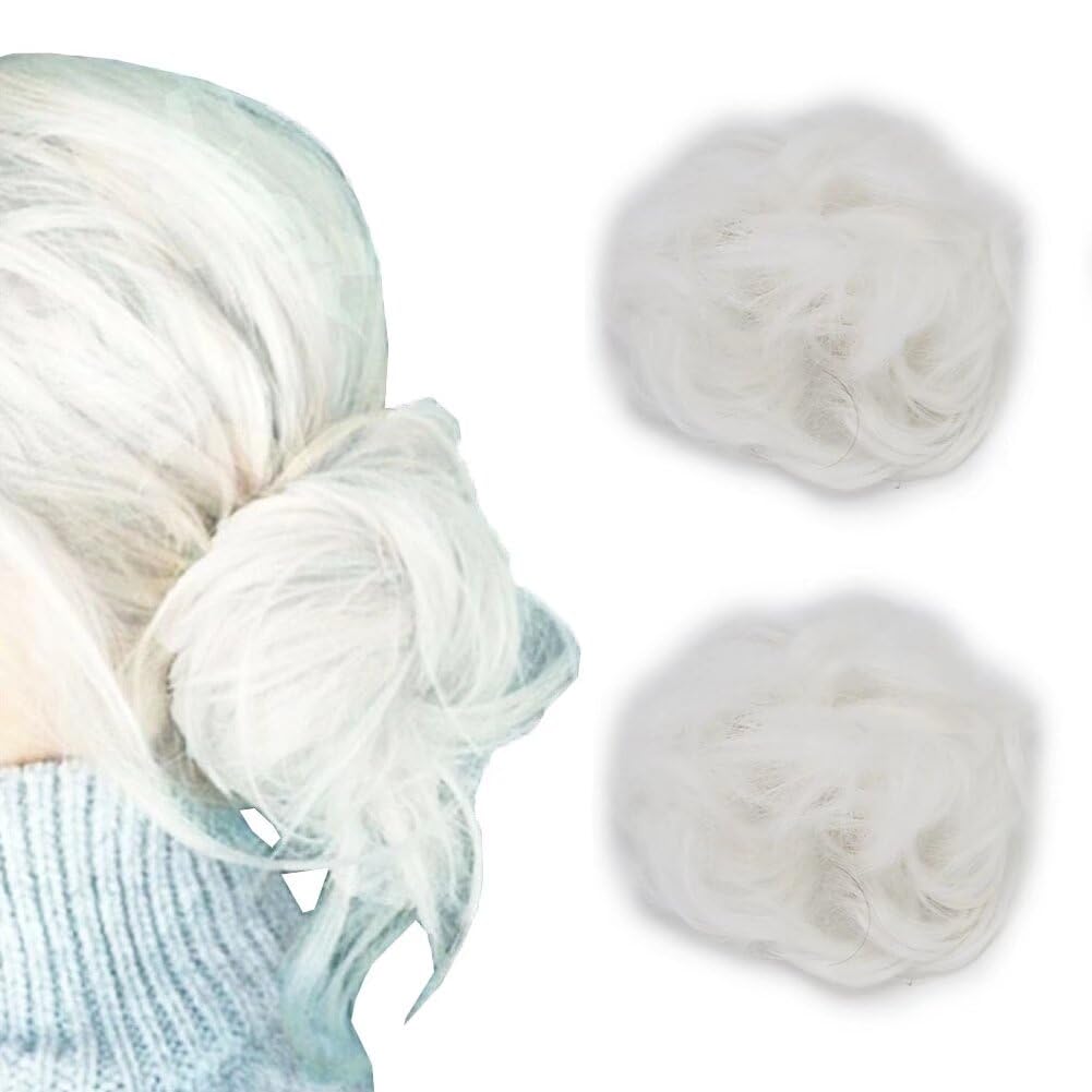 LaLuLoLi White Color Messy Hair Bun Synthetic Hairpiece Elastic Donut Chignon Hair Extensions for Women Girl (2pcs, #1001)