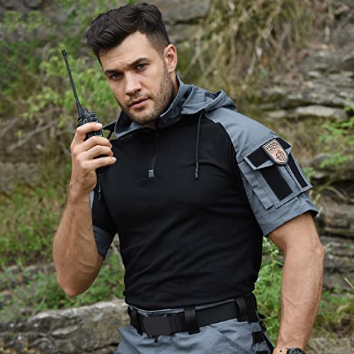 HAN·WILD Men's Combat Shirts Tactical Short Sleeve Shirt Cargo Military Airsoft T-Shirt with Hood Outdoor, Gray, Large - Image 2