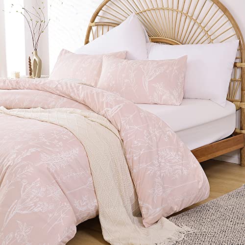 Janzaa Queen Floral Comforter Set 3 Pcs Bedding Sets Blush Pink Plant Flowers Printed On Fluffy Comforter Set For All Season #TOP7