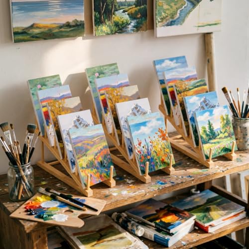 Image of Rainmae 4 Pcs Small Art Storage Rack Art Drying Rack for Classroom 5 Layers Wood Storage Stand Paint Display Rack for Canvas, Art Storage Organizer for Painting Canvas, Wooden Tabletop Art Rack