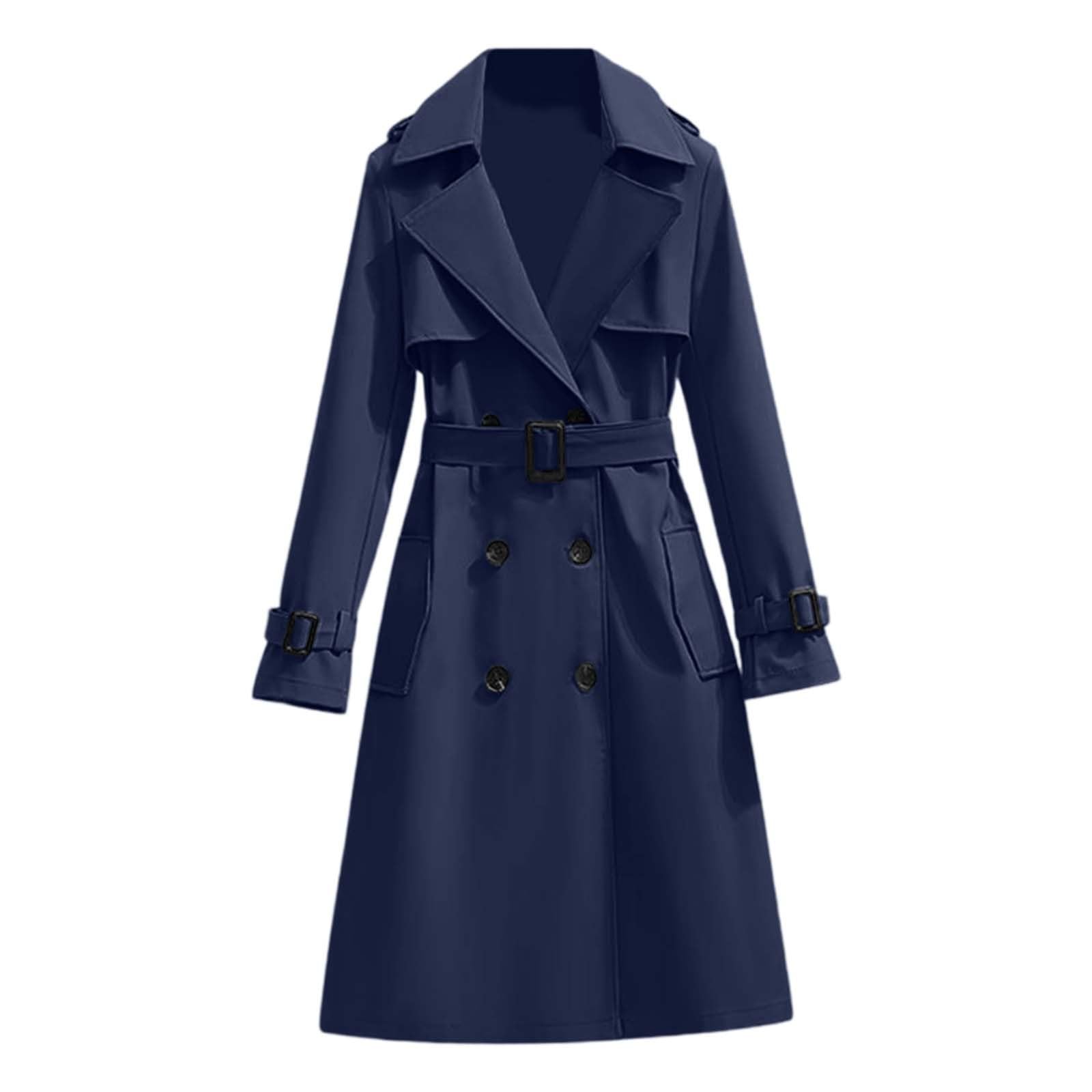 Mid Long Trench Coat for Women Double Breasted Notched Lapel Winter Peacoat Windproof Long Sleeve Classic Overcoat with