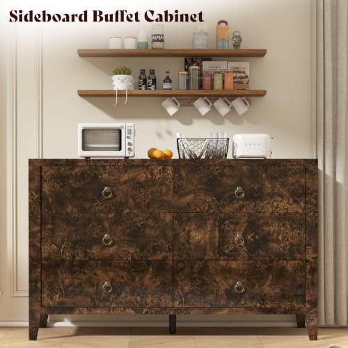 Image of AMERLIFE 47 inch Wide 6 Drawer Dresser with High Gloss Burl Wood, Brown | Mid-Century Modern Dresser & Chest of Drawers, Anti-Tip Storage Organizer for Bedroom, Living Room, Office, and Entryway