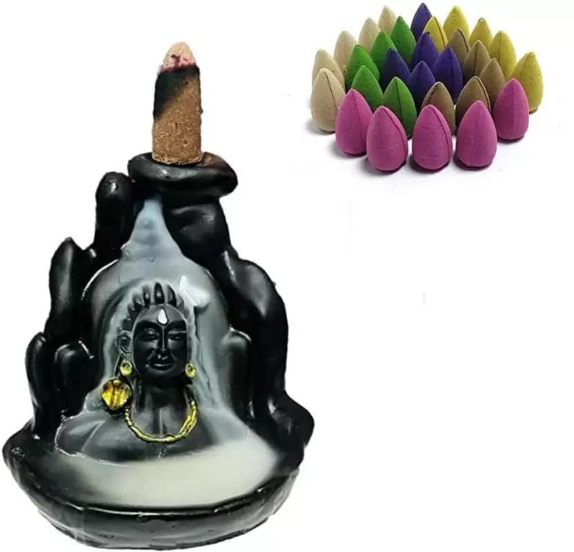 Polyresin Lord Shiva Adiyogi Shankra Backflow Smoke Fountain Incense Holder/Incense Burner with 30 Units of Backflow Incense Cones (10 Cm, Black)