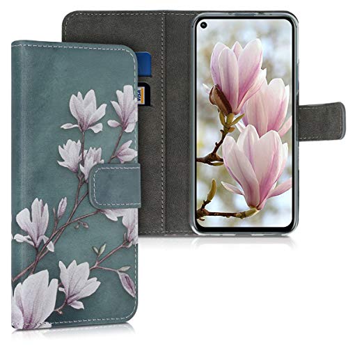 kwmobile Wallet Case Compatible with Huawei Nova 5T - Case Faux Leather Cover - Magnolias Taupe/White/Blue Grey