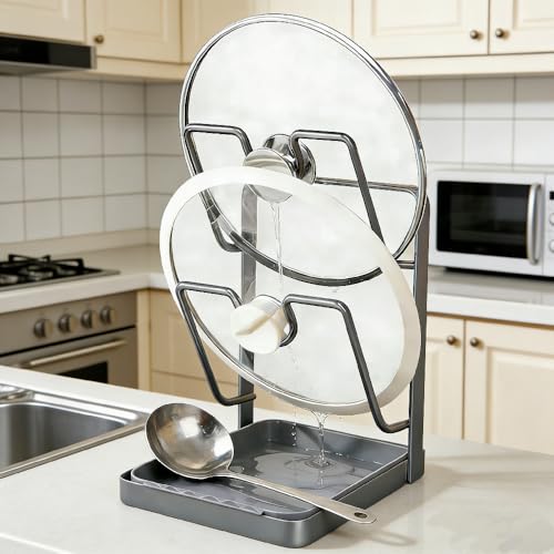 Pot-Lid-Organizer-Rack-Kitchen-Pot-Lid-Storage-Rack-Carbon-Steel-2-Tier-Lids-Holder-with-Detachable-Drip-Tray-While-Cooking-Pot-Lid-Holder-Countertop-Multifunctional-Space-Saving Pot Lid Organizer Rack, Kitchen Pot Lid Storage Rack, Carbon Steel 2-Tier Lids Holder with Detachable Drip Tray While Cooking, Pot Lid Holder Countertop, Multifunctional Space-Saving - Image 1