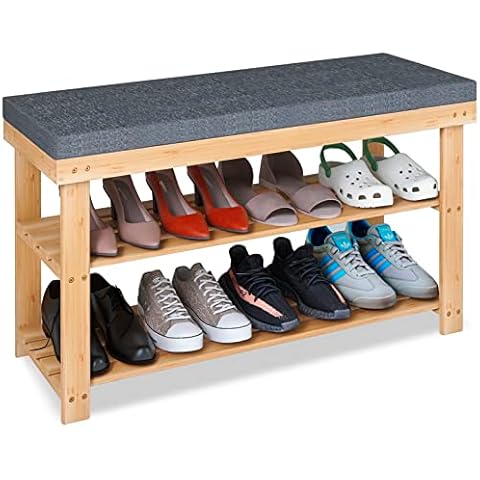 SMIBUY Shoe Rack Bench, 3-Tier Sturdy Bamboo Shoe Organizer with Foam Padded Seat, Storage Shelf for Entryway, Hallway, Bedroom or Living Room, 87 x 30 x 49 cm, (Natural and Grey) Cover