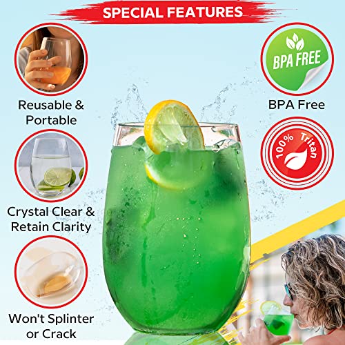 Barware 4 Pcs Stemless Plastic Wine Glasses - Reusable Dishwasher Safe Bpa-Free - 16Oz Outdoor Clear Tritan Shatterproof Drinking Glasses For Cocktails, Whiskey - Travel Cups For Pool, Beach And More #TOP4