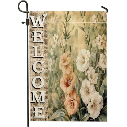Drapeaux de jardin vintage printaniers en forme de glaïeul 30,5 x 45,7 cm double face pour décoration extérieure, jardin rétro floral avant cour petite toile drapeaux de maison, drapeaux de maison