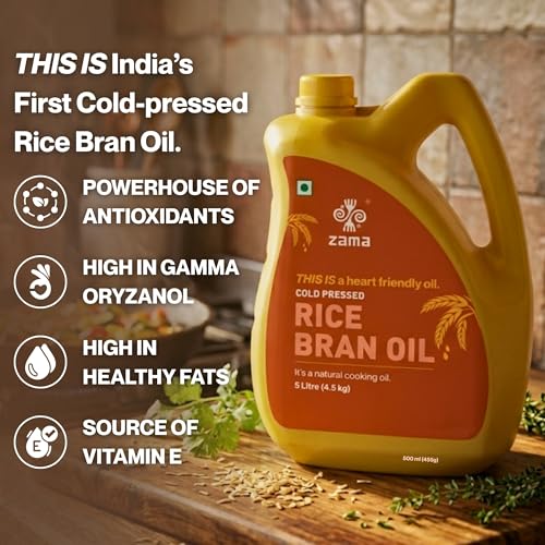 Image of Zama Organics Cold Pressed Rice Bran Oil 5L PET Bottle | Cooking Oil for Deep Frying & Stir Fry | Oryzanol Rich Oil | High Smoke Point | Light & Neutral Taste | Daily Use Edible Oil