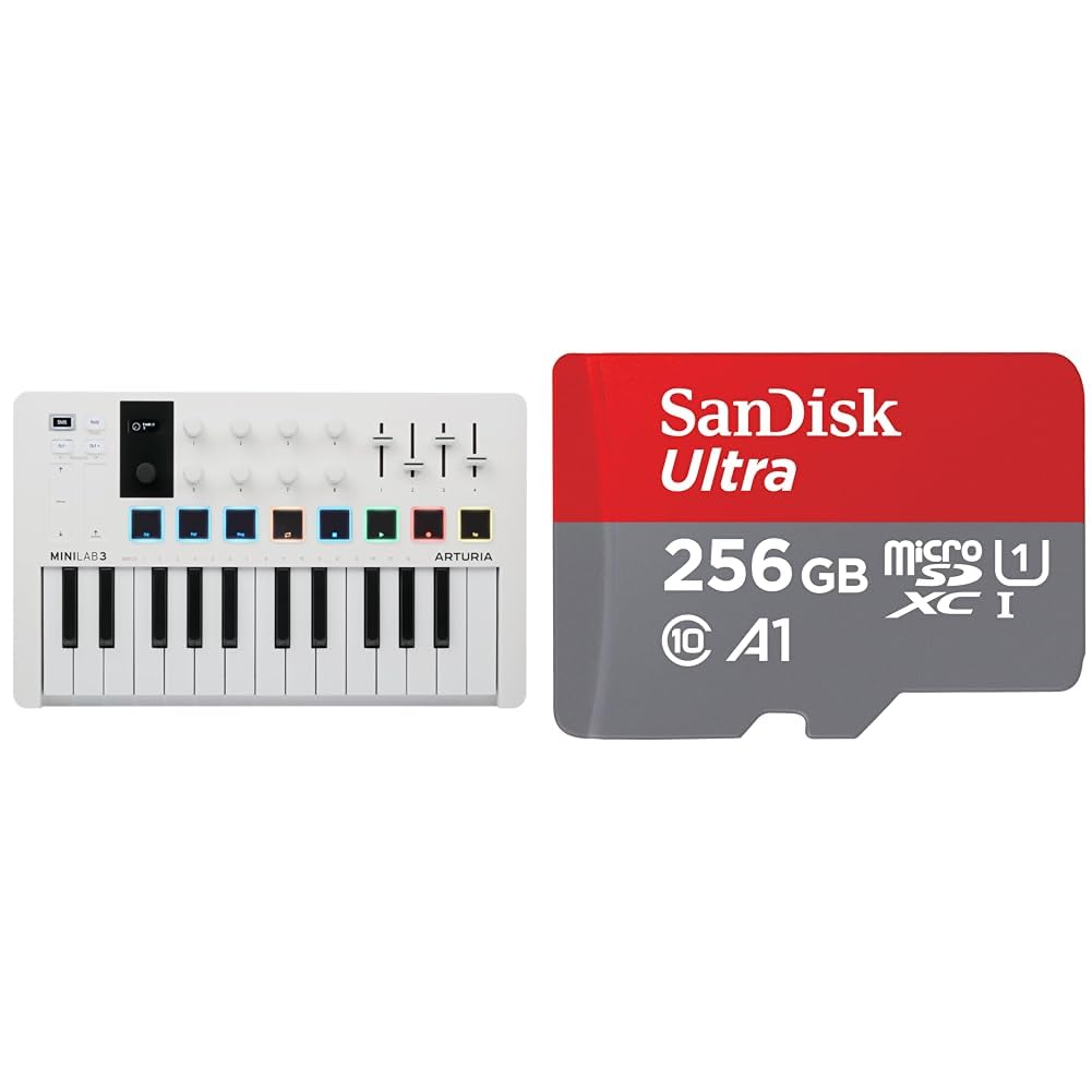 Arturia - MiniLab 3 - Controlador MIDI Universal para Producción Musical, con Paquete de Software & SanDisk 256GB Ultra tarjeta microSDXC + adaptador SD hasta 150 MB/s con Clase A1 de rendimiento