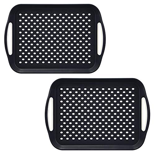 Image of Taylor & Brown 2 x Set of Anti-Slip Rectangular Non-Slip Top and Bottom Plastic Dinner/Drinks Serving Tray with High Grip Rubber Surface, Easy Grip Handles (2 Black)