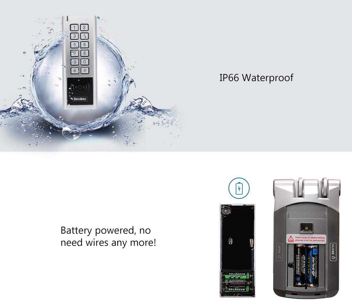 Diagram showing the Secukey D3 keypad, remote controls, and lock unit with an arrow indicating a maximum communication distance of 50 meters.