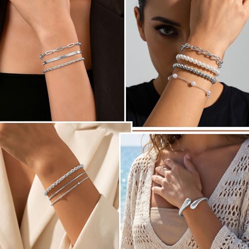 Image of Jewelry Set for Women with Multi Layer Necklaces Bracelets Hoop Earrings Set Stackable Knuckle Rings, 14k Gold Plated Jewerly Set for Everyday Styling and Gifting