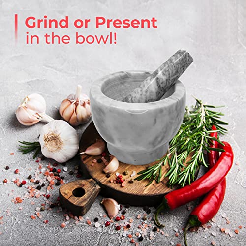 Alpine Cuisine Mortar And Pestle Set Natural Marble Stone Guacamole Molcajete Bowl 5 Inches | Stone Grinder Bowl For Salsa, Herb Crusher, Grind And Crush Spices | Gift Set White 5X3 Inch #TOP3