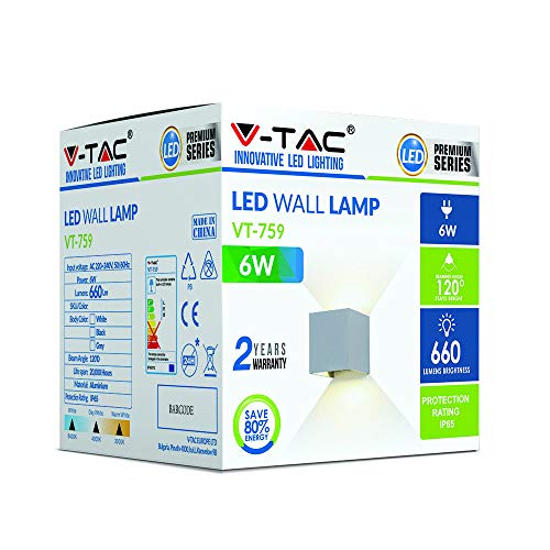 V-TAC 6W Modern Square Up Down Wall Light 4000K Day White Waterproof Adjustable Beam Angle Grey Housing for Outdoor and Indoor Halls Gardens - Image 4