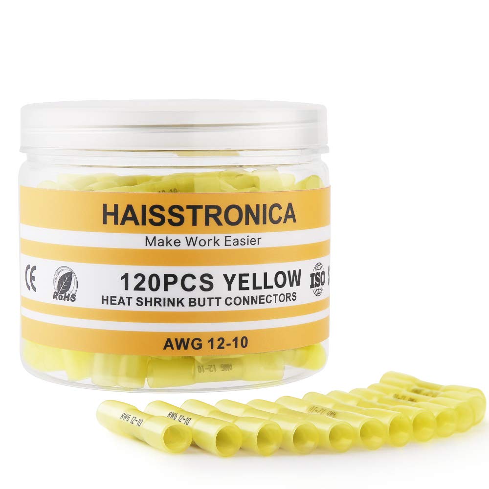 haisstronica 120PCS 12-10 Awg Yellow Heat Shrink Butt Connectors-Tinned Red Copper 1mm-Marine Grade Insulated Crimp Wire Connectors-Waterproof Electrical Connectors-Butt Splice for Marine,Boat,Stereo Yellow AWG 12-10