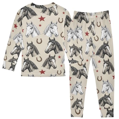 Pajama Sets Long Sleeve Horse Heads Stars Horseshoes Pattern Soft Comfy Sleepwear 2 Piece PJS 3-8T3