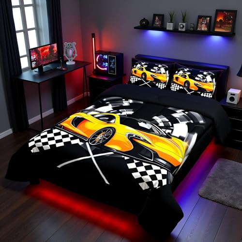Yellow Race Car Comforter Set Full Size, Black and White Grid Quilt Set Extreme Sport Games Bedding Comforters 3pcs for Kids Teens Boys Room Decor,Soft Modern Duvet Set with 2 Pillowcases