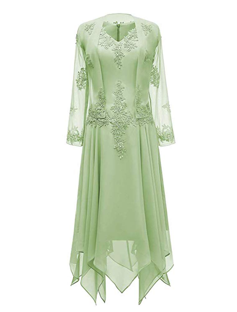 Leader of the Beauty 2 Piece Chiffon V-Neck Tea Length Mother of The Bride Dress Appliques Formal Evening Gowns with Long Sleeves Jacket 20 Sage Green