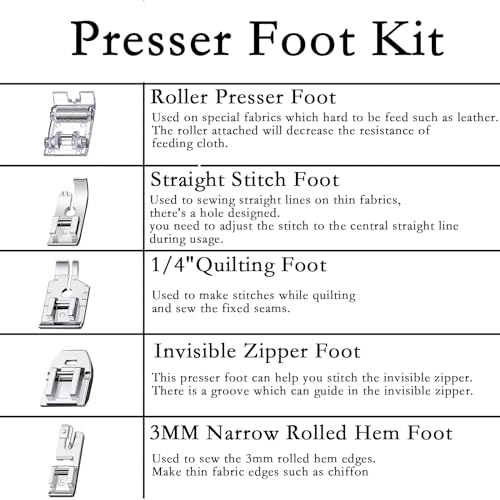 11Pcs Presser Foot Set, Zig Zag, Straight Stitch Foot, Roller Foot, Snap On Sewing Machine Foot Presser Feet Set for Singer, Brother, Janome Low Shank Sewing Machines - Thumbnail 3