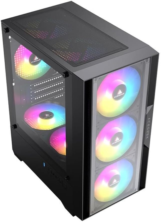 Angled front-side view of the Acegeek Stratus Glass PC case, displaying the tempered glass and mesh front.
