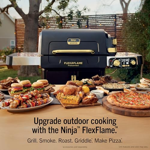 Image of Ninja FlexFlame ProConnect Grill & Smoker | 5-in-1 Smart Cooking System | Electric & Propane | App-Connected | 3-Burner Digital Control | Roast, Griddle & Pizza Maker | Black /Gold | PG305