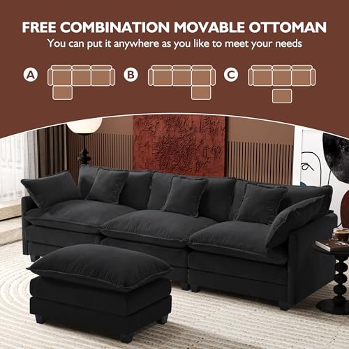 Image of Ihanherry 111.4 inch L Shaped Modern Sofa Modular Sectional Cloud Couch with Ottoman, 4-Seat Chenille Deep Seat Sofa with Pillow for Living Room, Bedroom and Apartment, Black