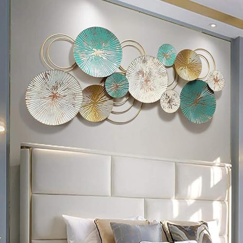 Image of F-RIQA METAL Abstract Metal Disc Wall Art for Living Room - 3D Designer Round Wall Decor with Teal, Gold & Champagne Finish, Luxury Handcrafted Metal Wall Hanging for Home, Bedroom, Hallway & Office